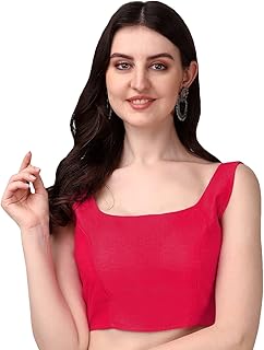 Women's Deep Neck Silk Sleeveless Readymade Blouse (Red, 32)