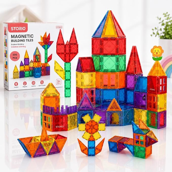 Storio 100 Pieces Magnetic Tiles Magnet for Girls Boys Sensory Magneti