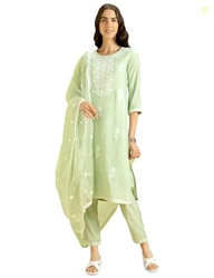 Women's Solid Color Kurta Set with Dupatta - Straight Fit | Silk Blend