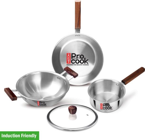 MILTON Procook Triply Stainless Steel 4pc with Wood Handle Saucepan Fr