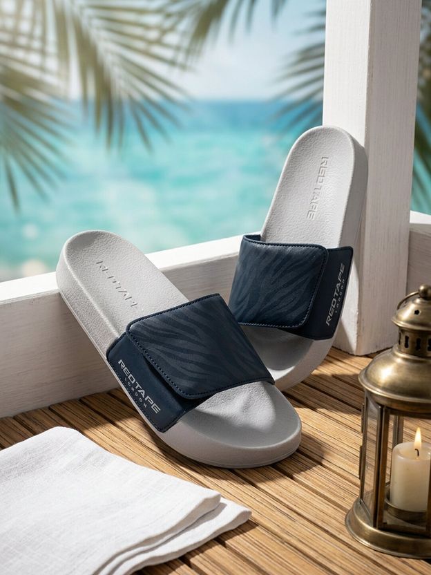 RED TAPE Men Slides (Grey, Navy , 7)