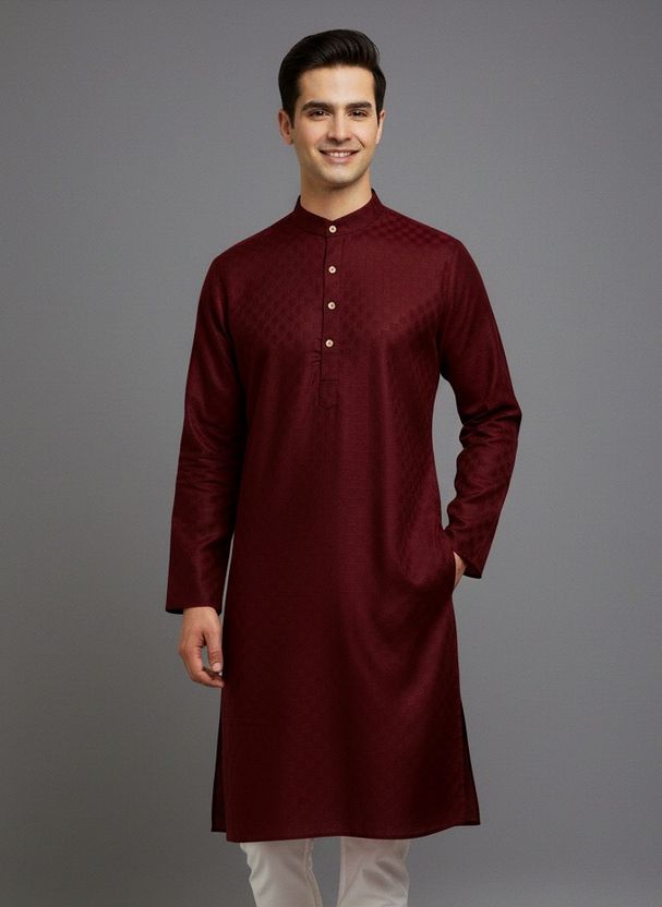 Tibra Collection Solid Cotton Blend Straight Kurta for Men (Maroo...mo