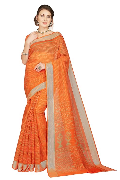 RANI SAAHIBA Women's Cotton Blend Woven Border Printed Saree with Blou