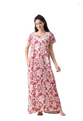 Ichaa Women's Rayon Printed Round-Neck Maxi Nighty with Pocket, in Plu