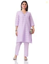 Amazon Brand - Myx Women Schiffli Embroidery Kurta Pant Co-Ord Set | A