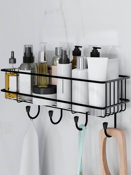 Story@home Black Metal Self Adhesive Bathroom Organiser Rack with Dril