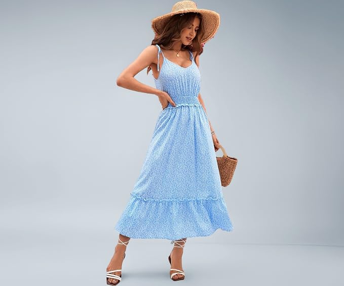 KOTTY Women's Fit and Flare Light Blue, White Dress