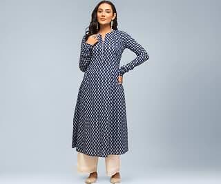Womens Cotton Regular Fit Floral Printed A-Line Kurta