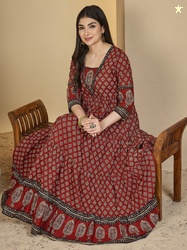 Sangria Women Maroon Cotton Ethnic Motifs Printed Block Print Anarkali