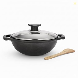 Cast Iron Kadhai 24cm with Glass Lid & Wooden Spatula | 3.3L, 2.4kg |