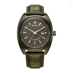 Titan Tonneau Analog with Date and Green Dial Green Leather Strap Watc
