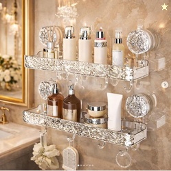 ELMVIA Suction Cup Bathroom Shelf with Hooks, 36cm Wall Mounted Storag