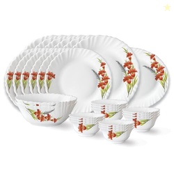 Larah by Borosil Red Iris Fluted Series Opalware Dinner Set | 27 Piece