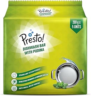 Amazon Brand - Presto! Dishwash Bar - Pudina | 200g | 5 Bars Each X Pa