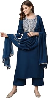 Women's Cotton Blend Embroidered Regular Kurta & Palazzo With Dupatta