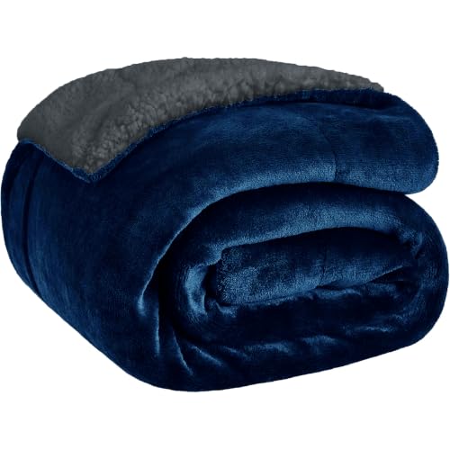 MollisHomes Sherpa Double Bed Blanket 400 GSM, 220x240 cm, Navy Blue |