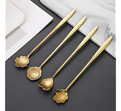 Gold Tone Dessert Spoon Set with Decorative Flower and Heart Shaped Sp