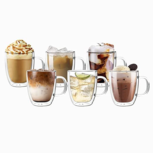SIMPARTE Orchid Double Wall Glass Coffee Mugs 350ml Set of 6 Insulated