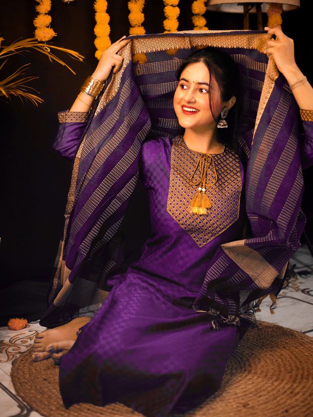 Tibra Attire Women Cotton Blend Kurta Pant Dupatta Set