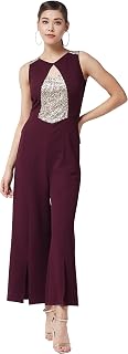 Women's Wine Round Neck Sleeveless Solid Paneled Regular Jumpsuit