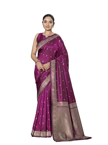 MANOHARI Women's Most Trendy Banarasi Woven Purple Wine Saree With Hea