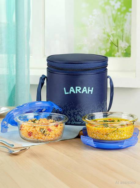 Larah by Borosil Speckle Blue Borosilicate Glass Lunchbox, 2pc Round S