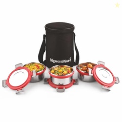 Signoraware Meal Mate Steel Small Lunch Box+Bag (350mlx3, Red)