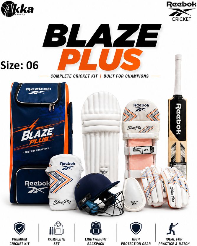 REEBOK Blaze Plus Cricket Kit KW Bat Helmet Leg guards Gloves Kit...mo