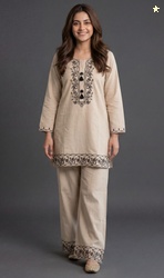 EDLEY ALLAN Embroidered Cotton Blend A-line Kurta for Women (Beig...mo