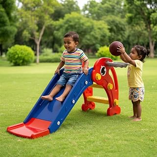 Amazon Brand  Solimo Dolphin 2-in-1 Toddler Slide with Basketball Hoop