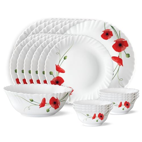 Larah by BOROSIL Red Carnations Opalware Dinner Set (White) - 19-Piece