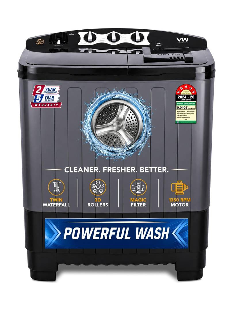 VW 8 kg Semi Automatic Top Load Washing Machine Black