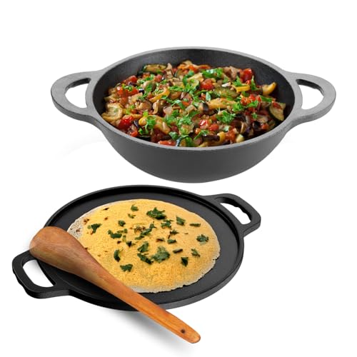 Lifelong Cast Iron Dosa Tawa & Kadai with Wooden Spatula for Dosa,Utta