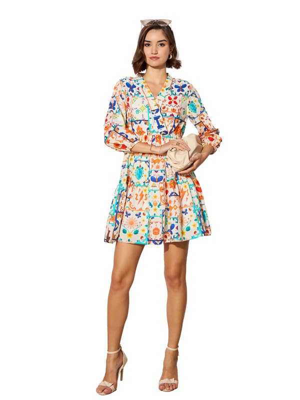 barcino Motif Printed Shawl Collar Tiered Dress