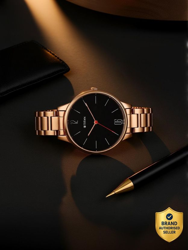 Titan Workwear Black Dial Rose Gold Stainless Steel Strap Analog ...mo