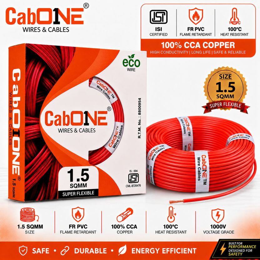 CabONE Lite 1.5 Sqmm Electrical Wire|90 MTR|Single Core|Copper|FR...mo
