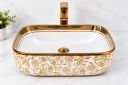 WARRIX Golden Wash Basin | Luxury White & Gold Ceramic Countertop Bath