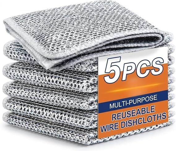 (5 Pack) Non-Scratch Dish Wash Cloth, Steel Wire Dish Cloth, Wire Dish