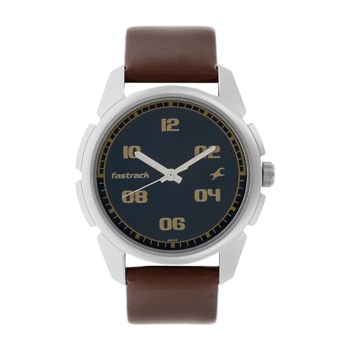 Fastrack Quartz Analog Blue Dial Brown Leather Strap Watch for Guys -