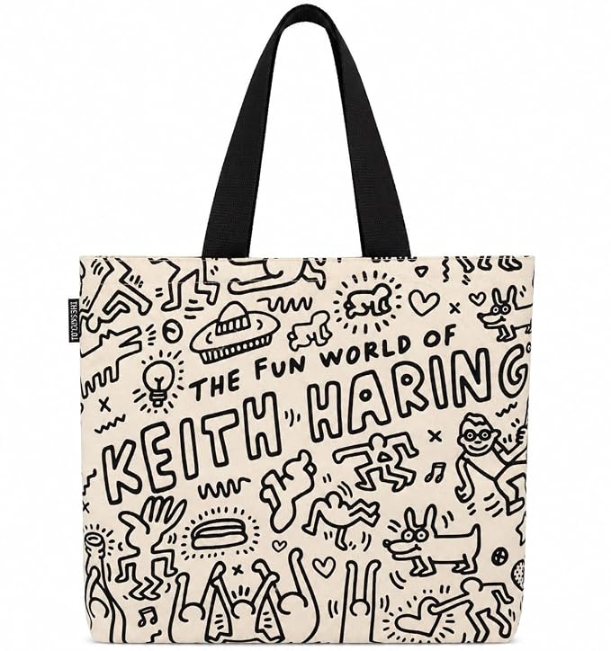 Keith Haring The Fun World of Tote Bag Graphic Print, Black Handles