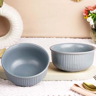 The Earth Store Grey Fringe Ceramic Bowl Set of 2, 550ML Each | Snack