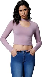 Women's Choker Neck Fitted Full Sleeves Crop Top