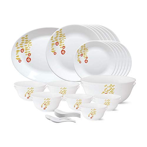 Larah by Borosil - Tiara Series, Pebbles, 33 Pcs, Opalware Dinner Set,