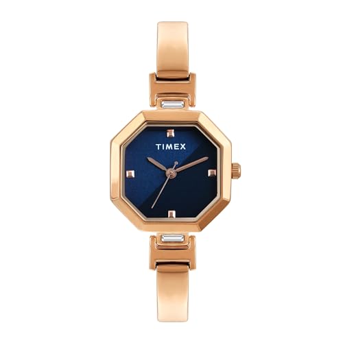TIMEX Analog Watch for Women with Blue Octagonal Dial & Rose Gold Bras