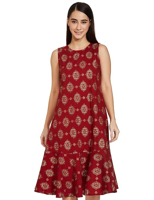 Amazon Brand - Myx A-line Sleeveless Dress (PAG 101_Golden JAAL RED_X-