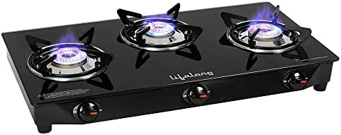 LLGS18 Glass Top 3 Burner Gas Stove, Manual Ignition, LPG Compatible,