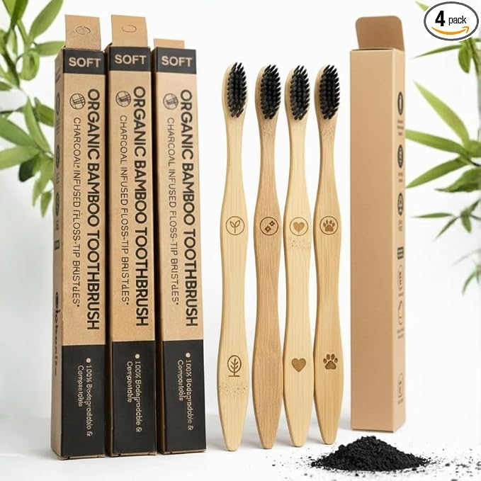 TRESSENCE Organic Bamboo Toothbrush, Soft Bristles, Pack of 4 Soft Bri