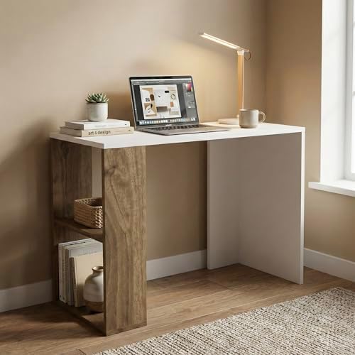 Andca Strata Compact Computer Desk with Built-in 2-Tier Bookshelf, Spa