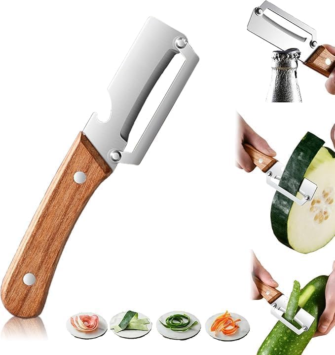 Premium Vegetable Peeler with Bottle Opener and Wooden Handle Stainles