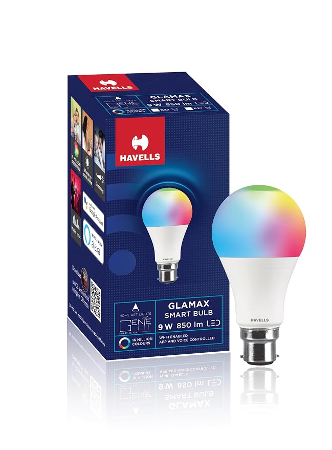 Havells Glamax 9W B22 WiFi LED Smart Bulb with Music Sync Function, Co